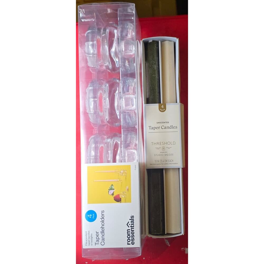 Taper Candles & Candleholder Bundle – 4pc Unscented Candles + 4pk Glass Holders